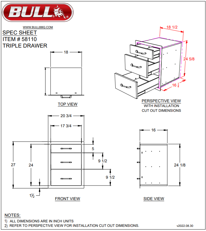 Triple Drawers, 2+1, Stainless Steel “New”