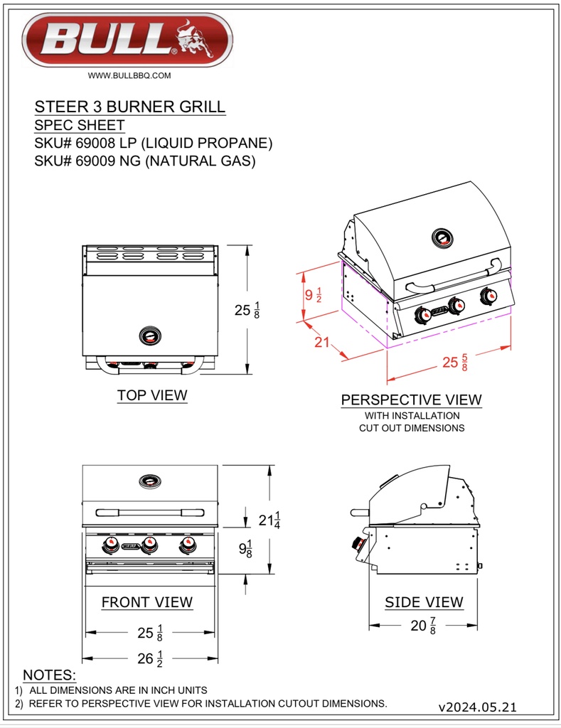 24″ Steer Drop In Grill LP – 3 Burner / 45,000 BTU’s