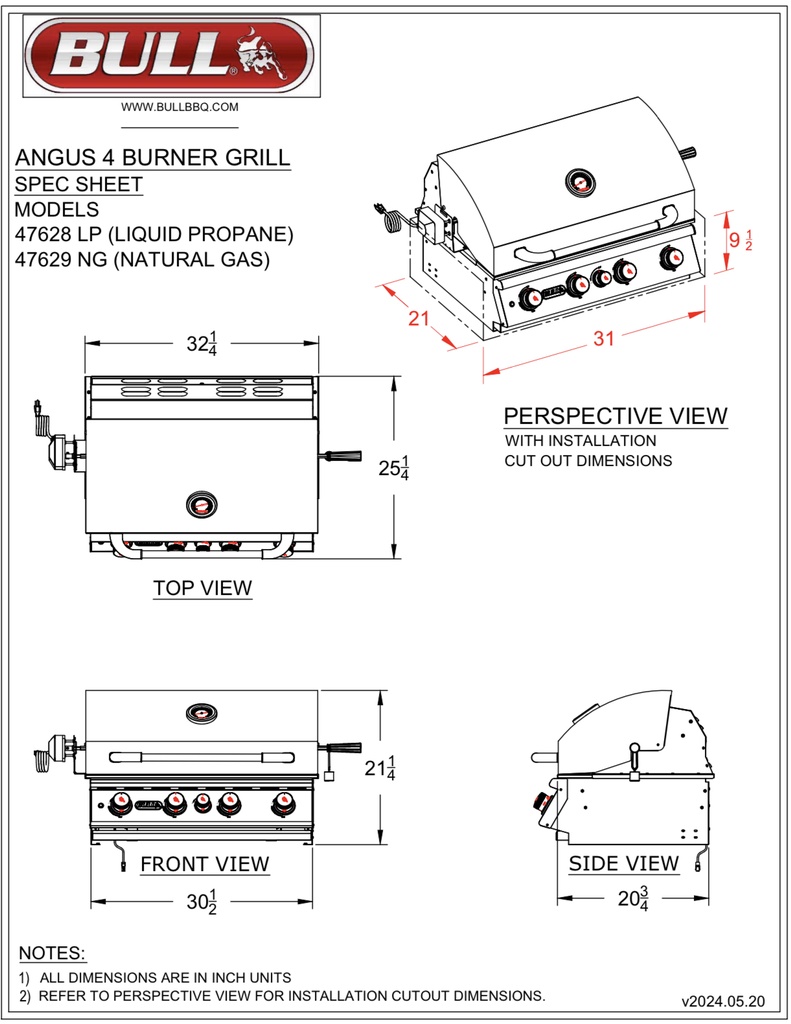 30″ Angus Drop In Grill w/light LP – 4 Burner / 75,000 BTU’s