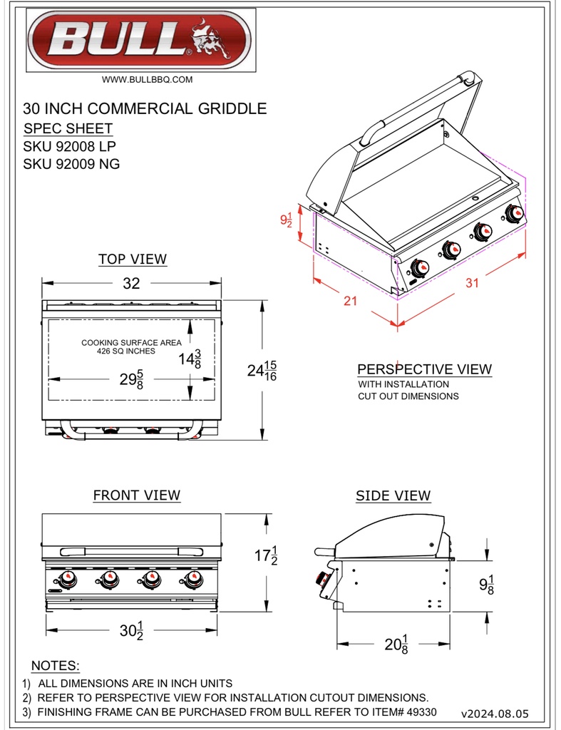 30″ Commercial Griddle Drop In LP – 4 Burner / 60,0000 BTU’s