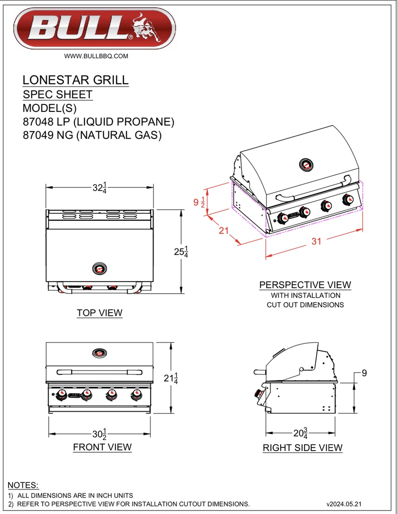 30″ Lonestar “Select” Drop In Grill NG – 4 Burner / 60,000 BTU’s