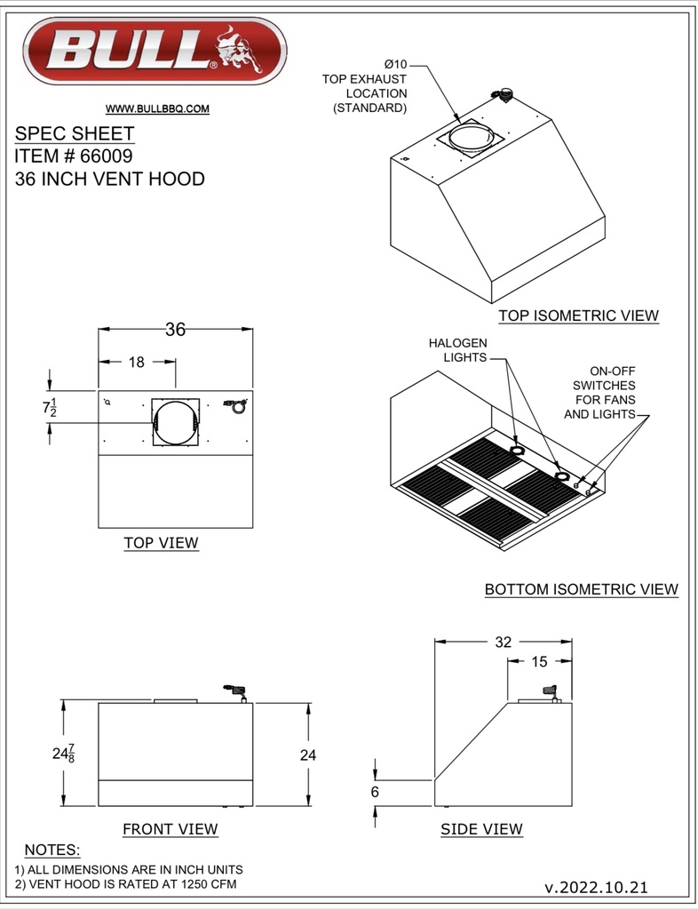 30″ Vent Hood for 30″ Grills – Twin Fan Vent Hood 36×32