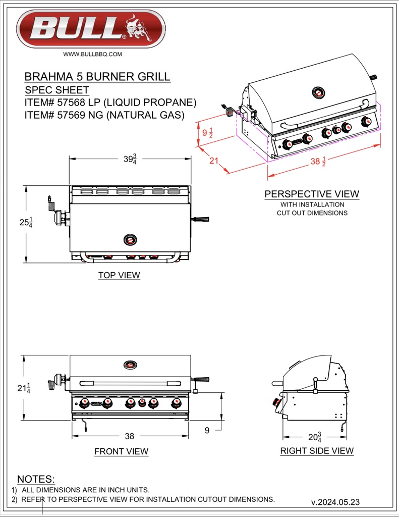 38″ Brahma Drop In Grill w/light LP – 5 Burner / 90,000 BTU’s