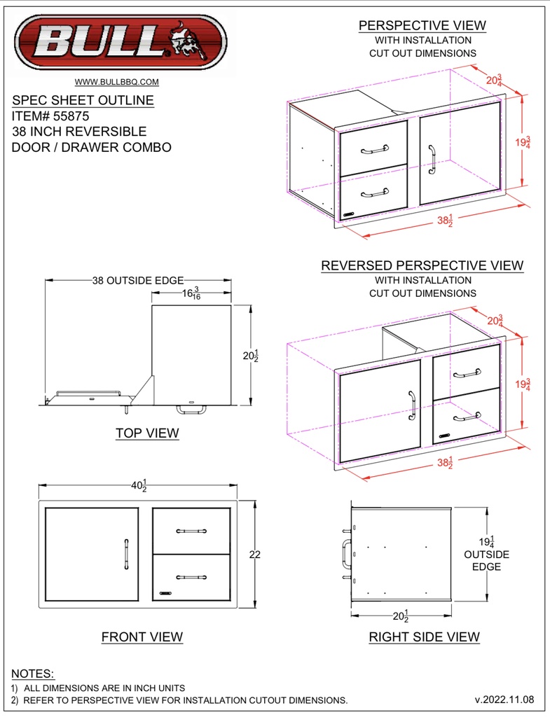 38″ Door / Drawer Combo w/ 2 Drawers