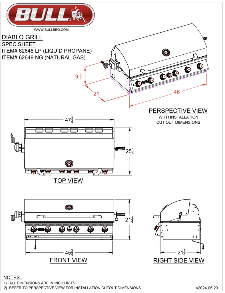 46″ Diablo Drop In Grill LP – 6 Burner / 105,000 BTU’s